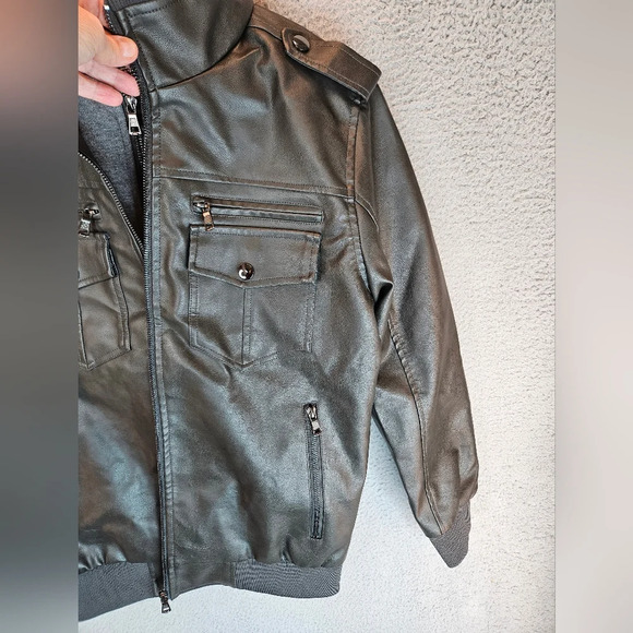 Magcomsen Jacket Men Sz S Black PU faux Leather Moto Removable Hood High-quality - Picture 9 of 14